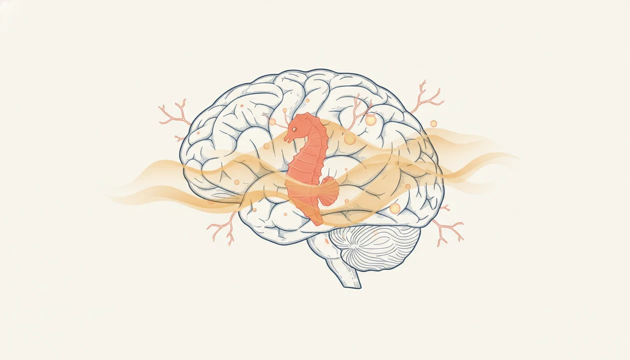 A scientific illustration shows alcohol-like amber ripples dimming new neuron growth in the hippocampus.