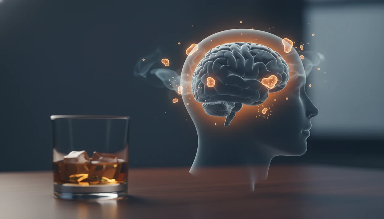 A translucent head with a hazy brain and immune-like particles beside a blurred glass of alcohol.