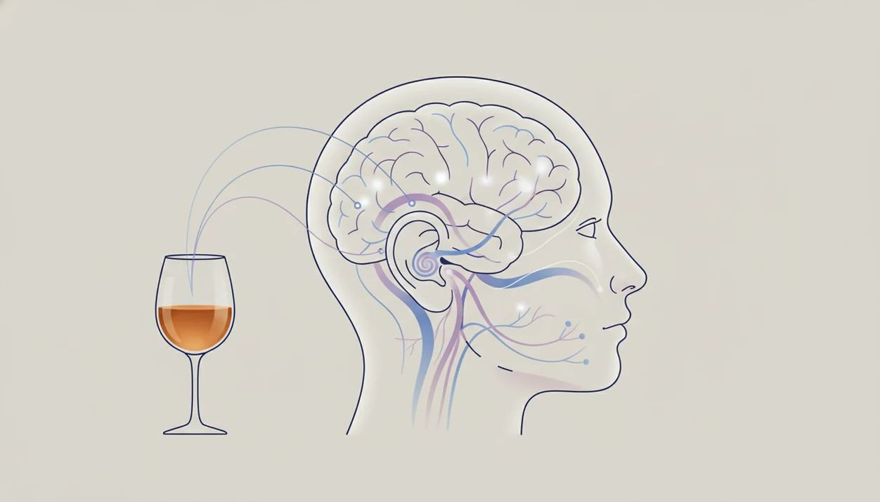 A medical-style illustration links a wine glass with the brain, inner ear, and facial nerves.