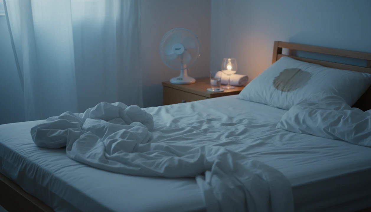 An empty rumpled bed with damp sheets, a fan, water, and a wine glass suggests alcohol-related night sweats.