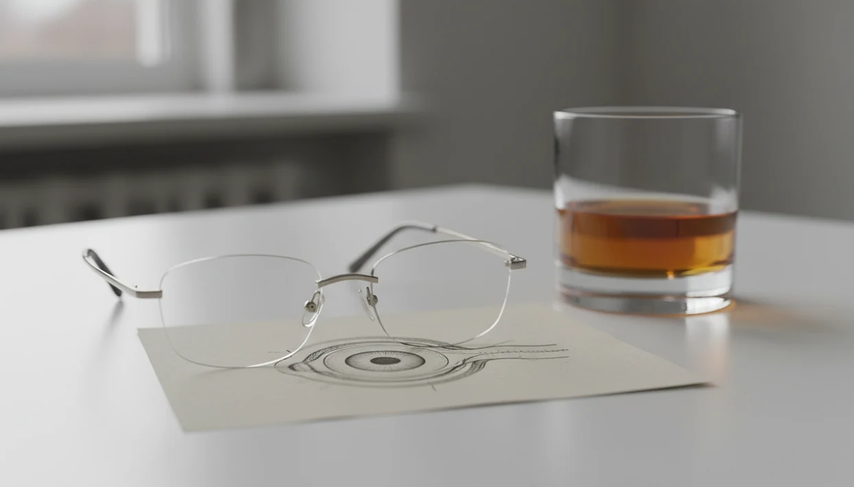 Eyeglasses distort an unlabeled optic nerve drawing beside a glass of alcohol on a white desk.