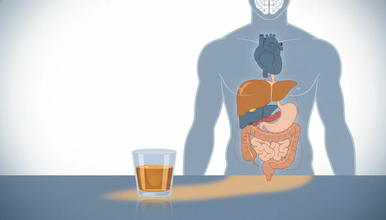 A medical illustration shows alcohol beside a translucent torso with major organs subtly highlighted.