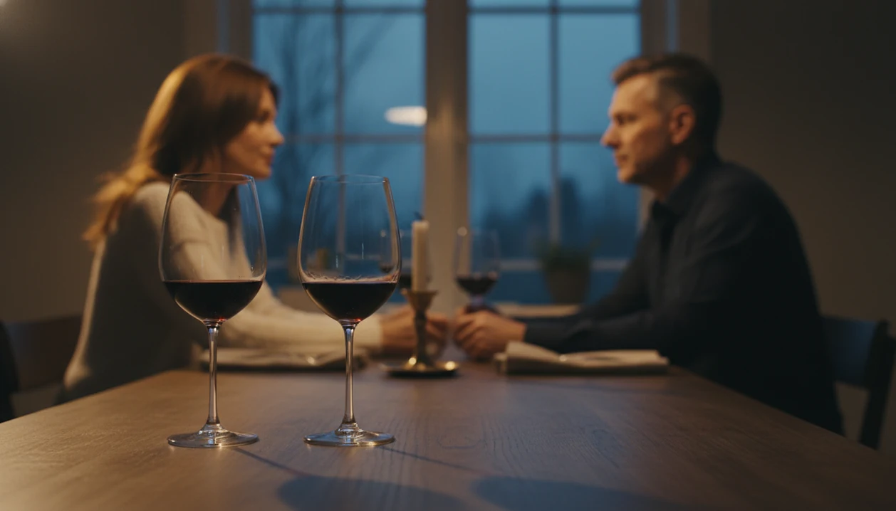 Two wine glasses sit in warm light while a couple remains softly blurred in the background.