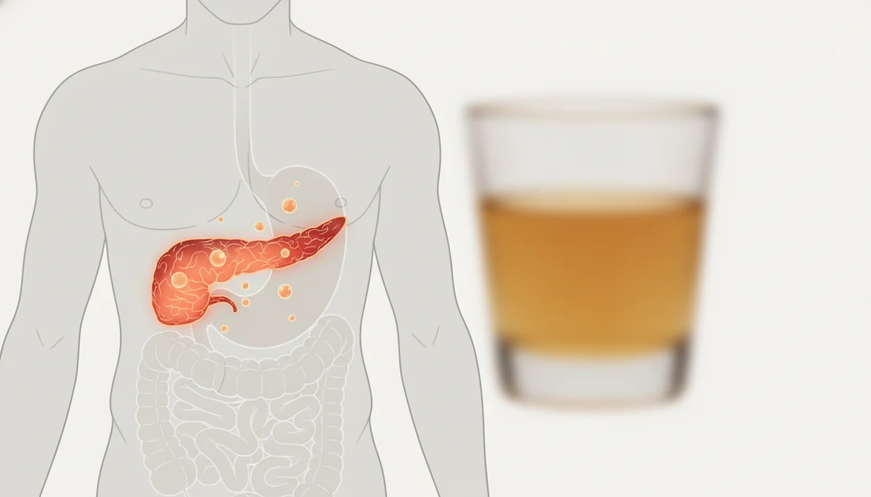 Medical illustration showing an inflamed pancreas inside a torso with a subtle alcohol glass in the background.