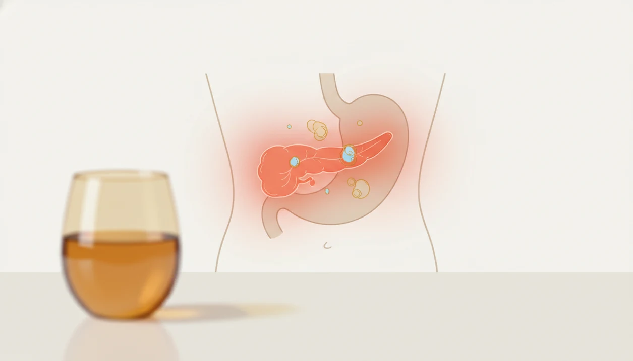 An illustration shows an inflamed pancreas inside the abdomen beside a blurred glass of alcohol.