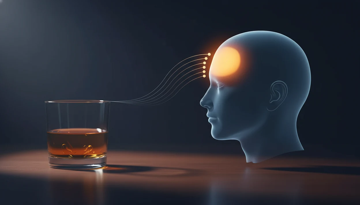 A glass of alcohol casts a shadow toward a highlighted prefrontal cortex in a head outline.