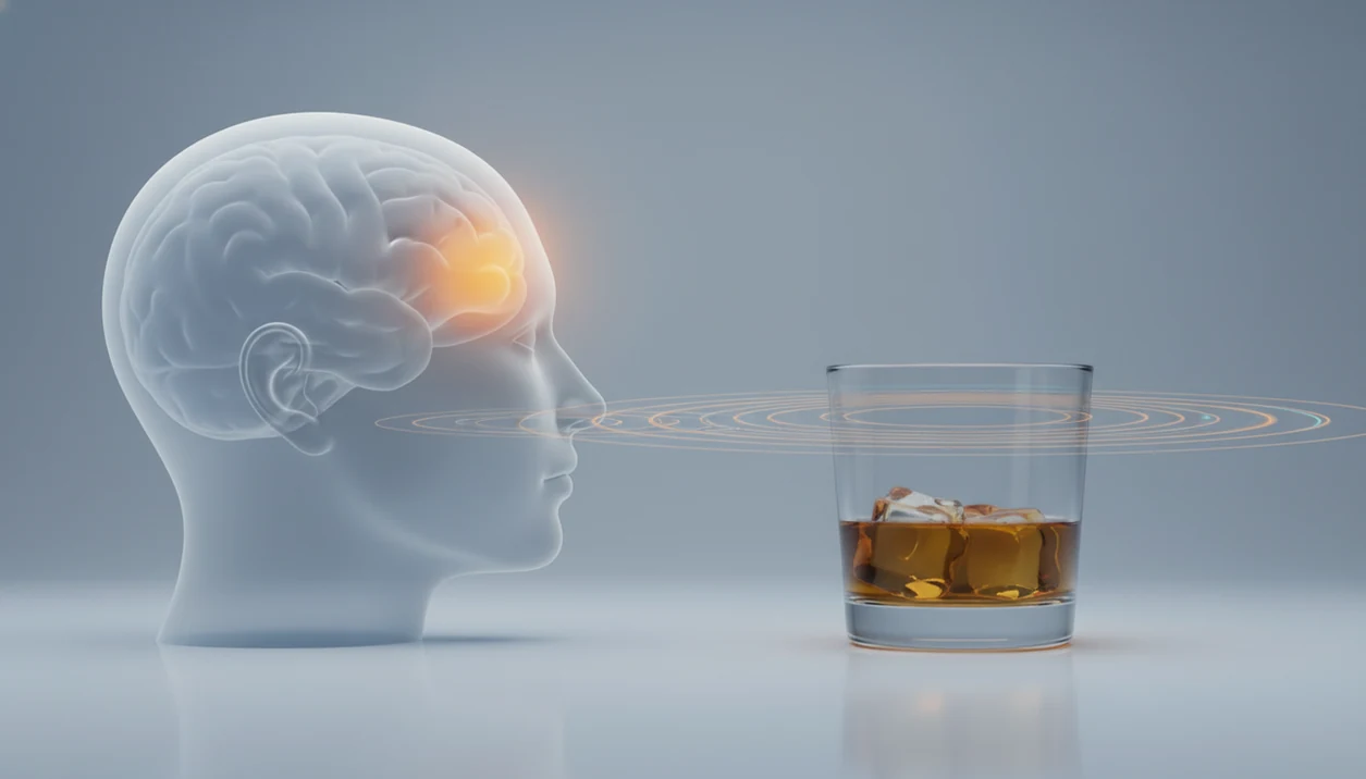 A translucent head highlights the prefrontal cortex as a drink’s ripples suggest impaired self-control.