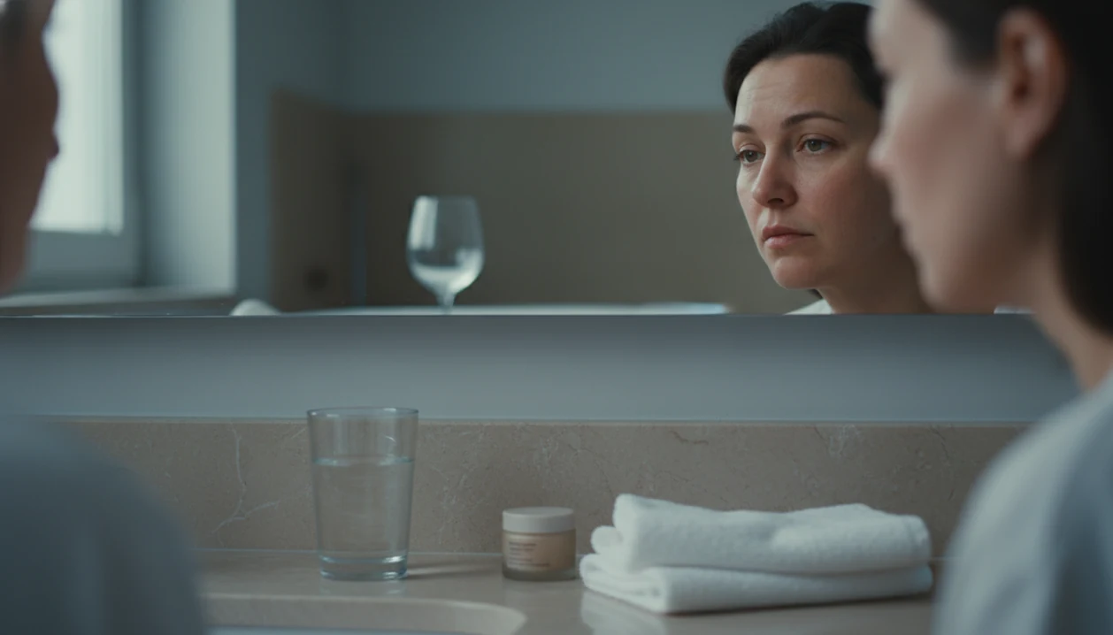 A tired adult studies subtle under-eye puffiness and redness in a quiet bathroom mirror.