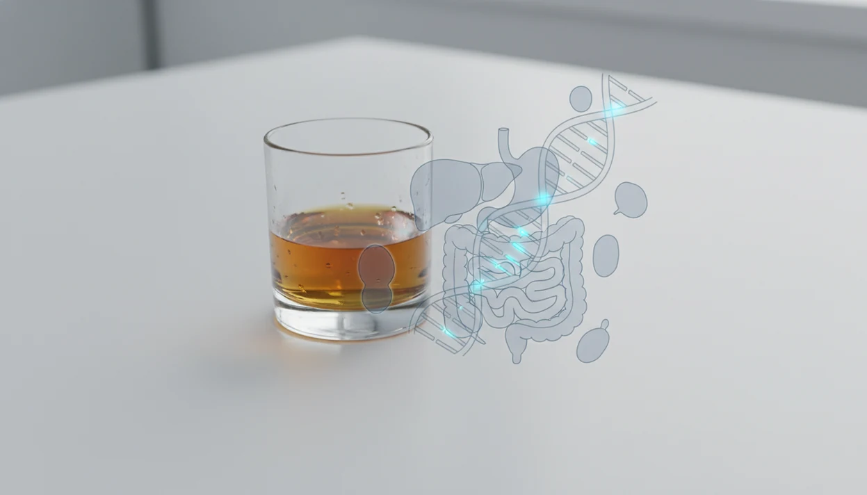 A glass of alcohol beside a subtle DNA helix and organ outlines suggesting cancer biology risk.