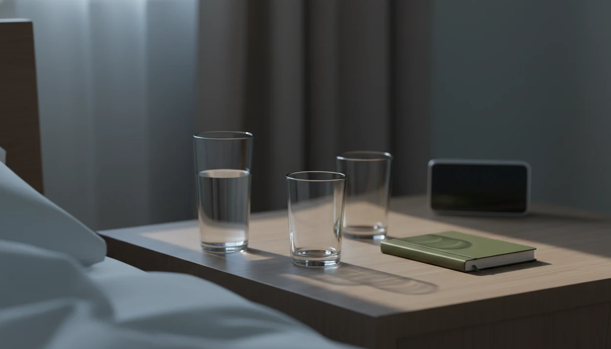 A quiet bedside table with water and empty glasses in blue morning light after a restless night.