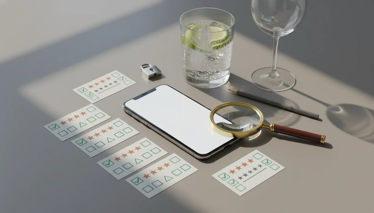 A phone, review cards, magnifying glass, water glass, and empty wine glass suggest comparing alcohol reduction apps.