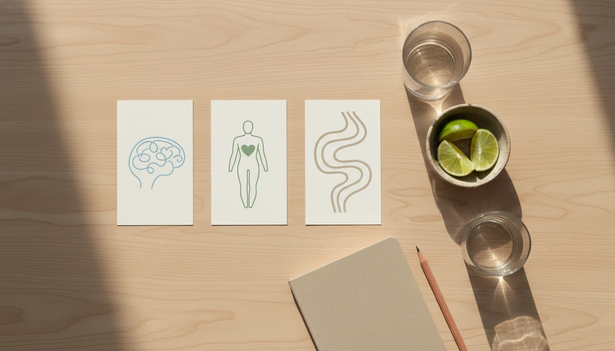 A calm desk flat lay shows unmarked guide cards, water, lime, notebook, and an empty glass set aside.