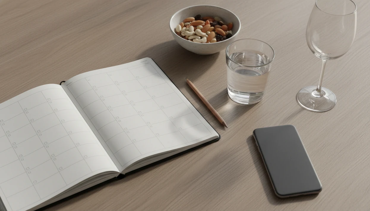 A blank planner, water glass, pencil, snacks, and empty wine glass arranged on a calm kitchen table.
