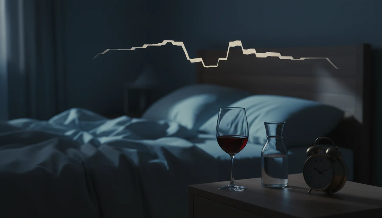 A half-full wine glass on a bedside table beside an unmade bed in dim moonlight.