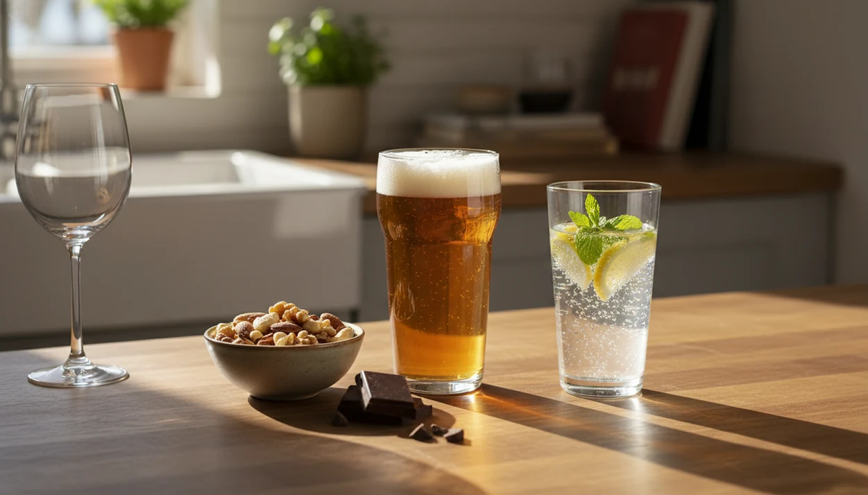 A kitchen counter shows alcohol-free drink options, salty snacks, and sweets beside an empty wine glass.
