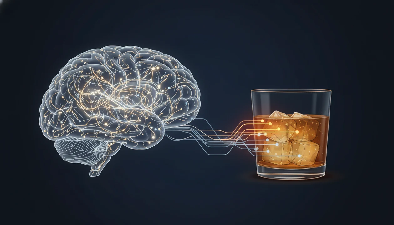 A translucent brain with glowing pathways sits beside a blurred glass of alcohol, suggesting reward changes.