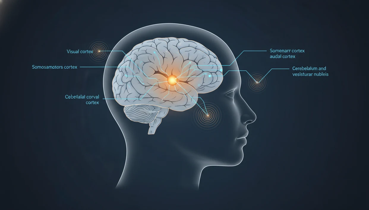Illustration of alcohol disrupting sensory relay pathways around the thalamus in the brain.