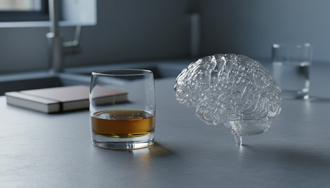 A glass of alcohol beside an abstract glass brain form in soft dusk light on a kitchen counter.