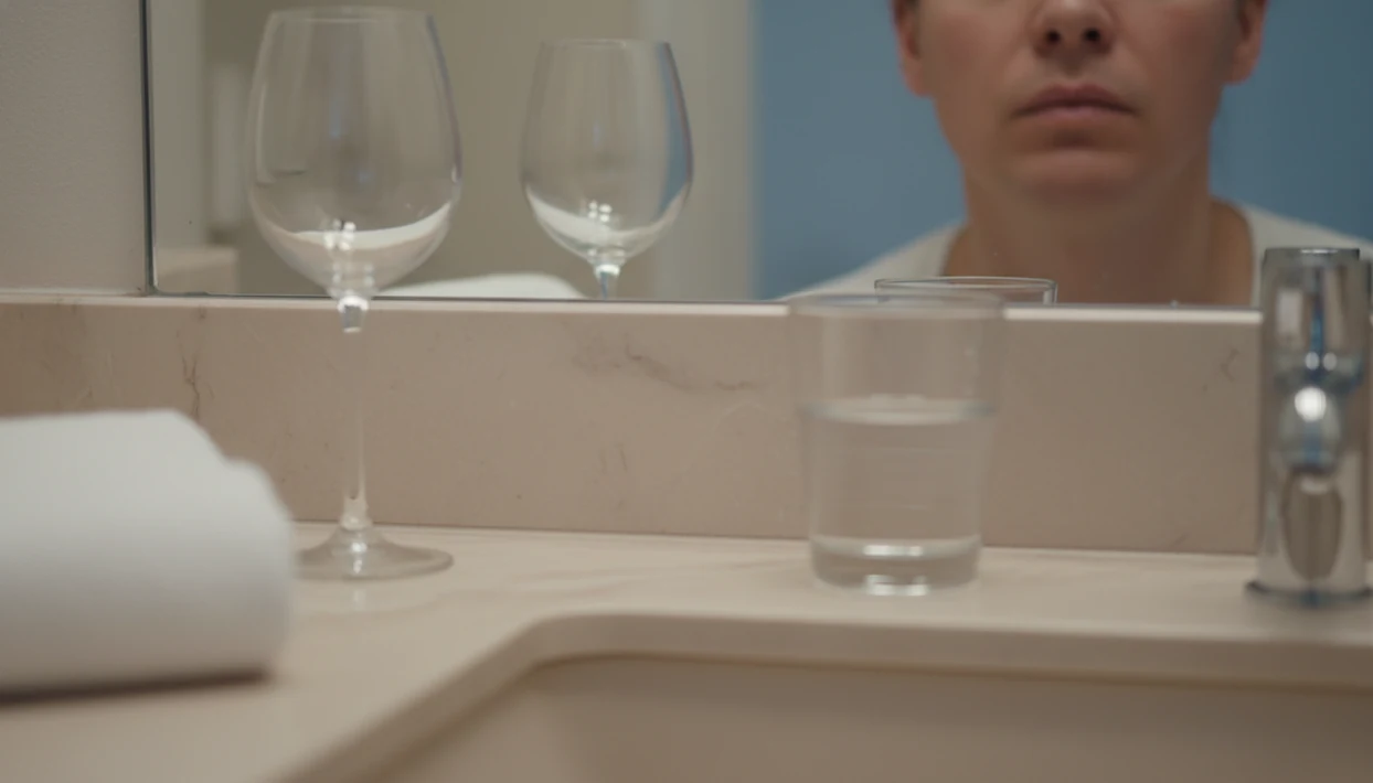 A tired adult face reflected in a bathroom mirror beside water and an empty wine glass.