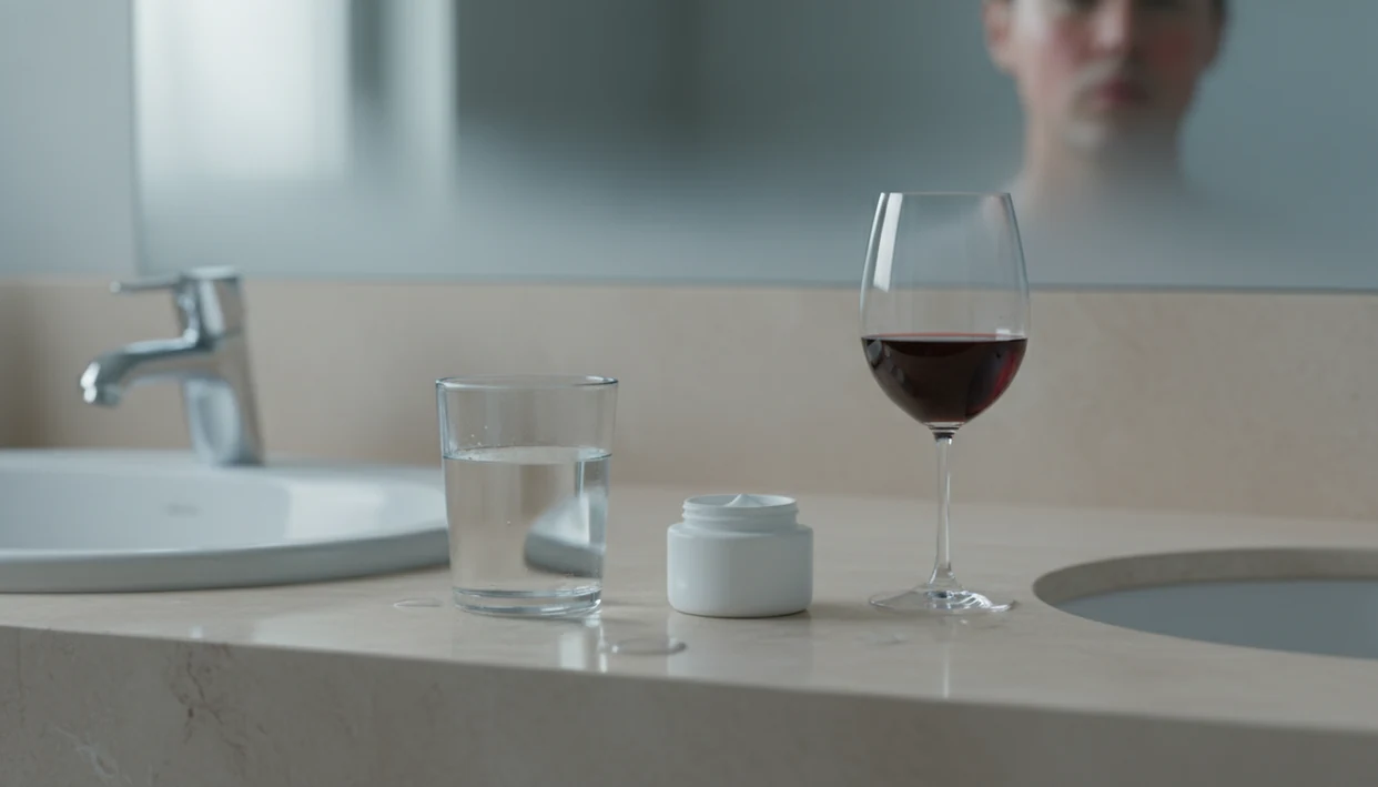 A bathroom counter with water, moisturizer, and a wine glass suggesting alcohol’s impact on skin hydration.