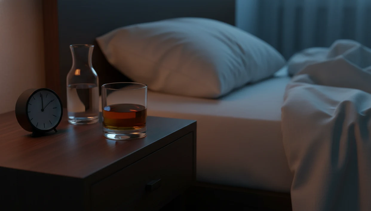 A half-full drink and alarm clock sit on a bedroom nightstand in blue predawn light.
