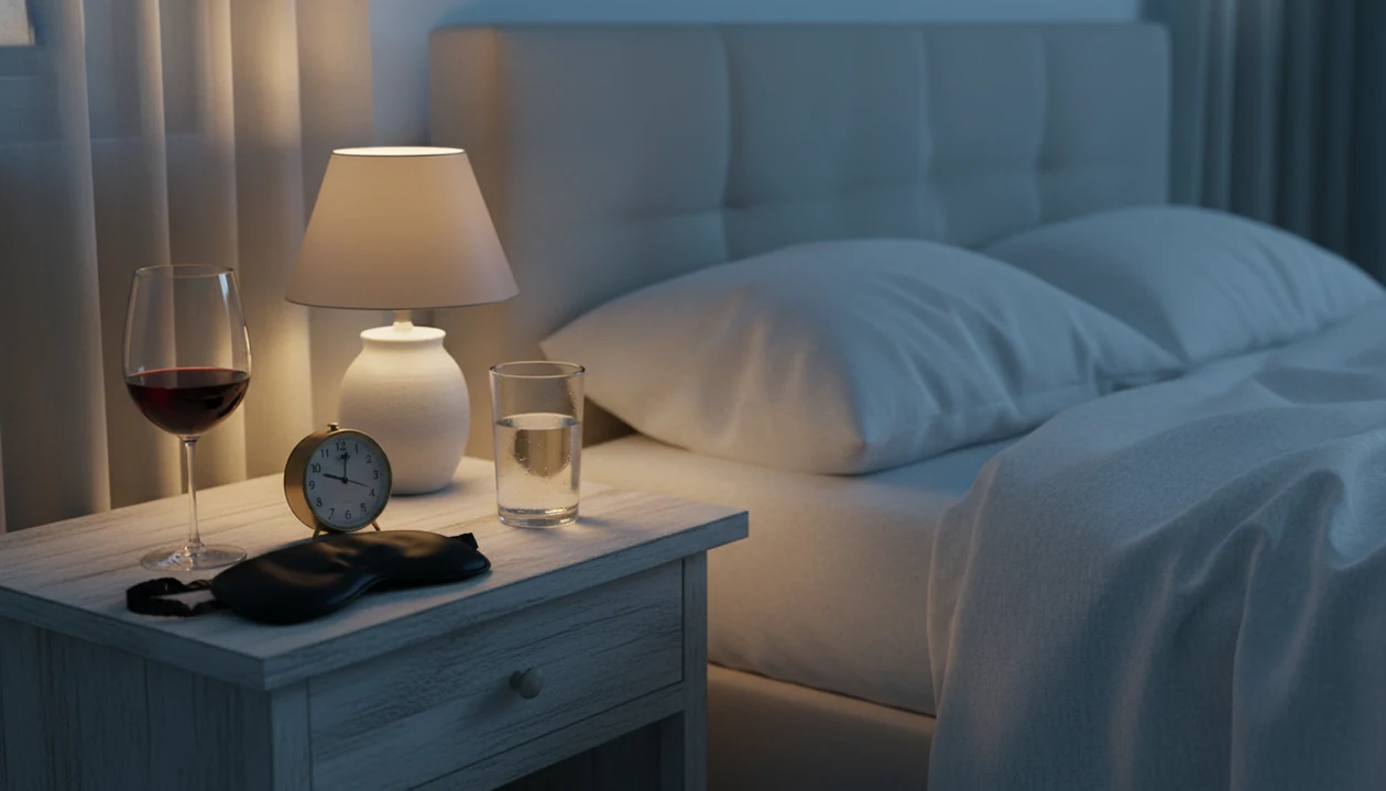 A restless bedroom scene with wine, water, and rumpled sheets in cool early morning light.