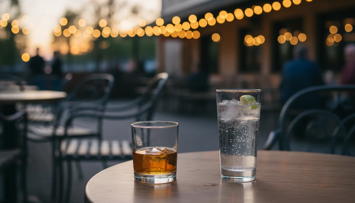 A quiet patio table shows an alcoholic drink beside sparkling water in a softly lit social setting.