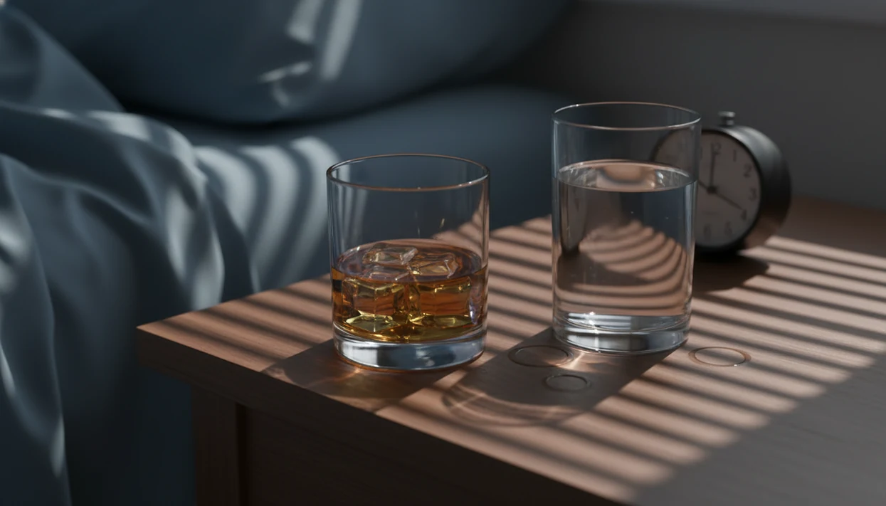 A bedside still life with a drink, water glass, rumpled sheets, and dawn shadows suggesting next-day anxiety.