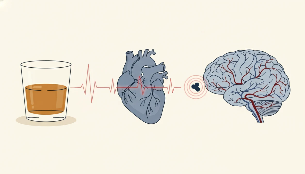 Illustration linking alcohol, irregular heart rhythm, clots, blood pressure, and stroke risk in the brain.