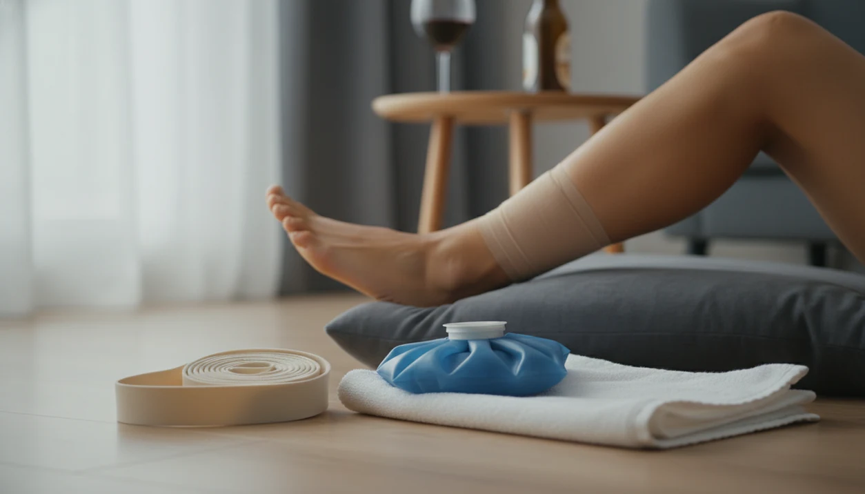 An injured ankle rests near rehab supplies while alcohol sits blurred in the background.