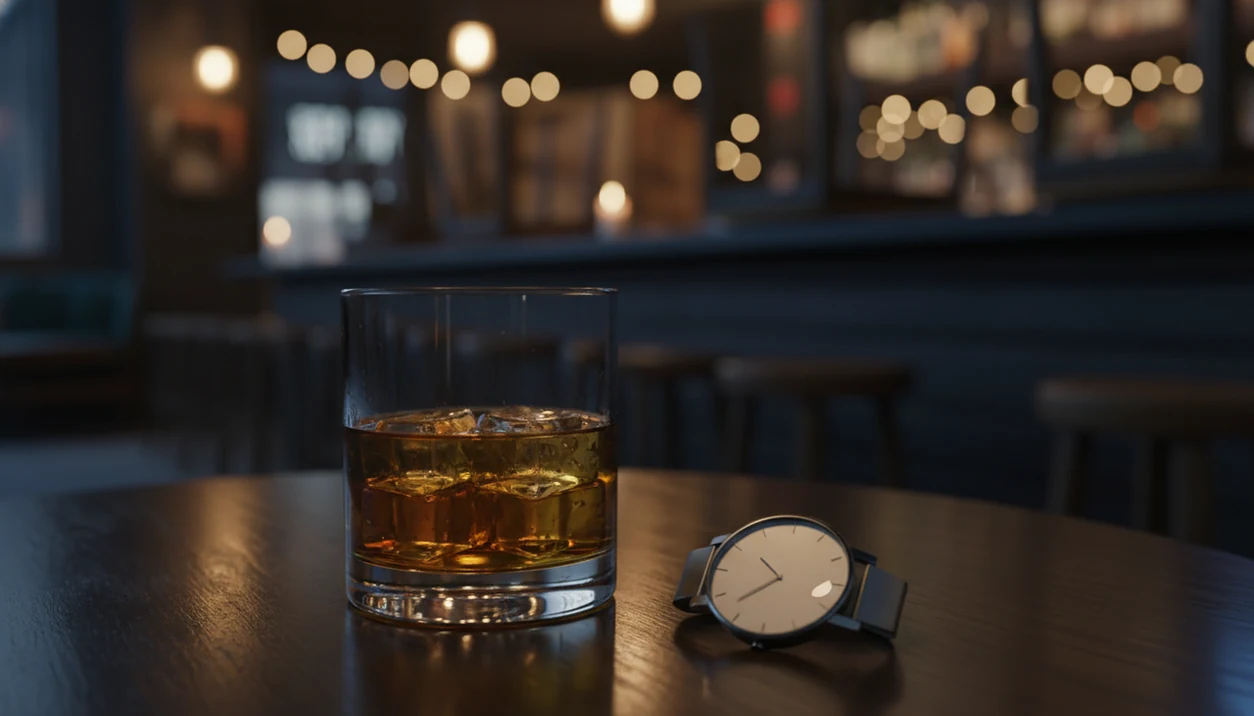 A drink and blurred watch on a dim bar table suggest distorted time while drinking.