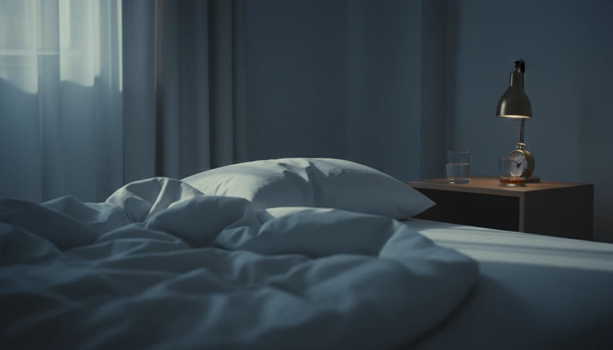 An unmade bed at dawn with water and an empty drink glass on the bedside table.