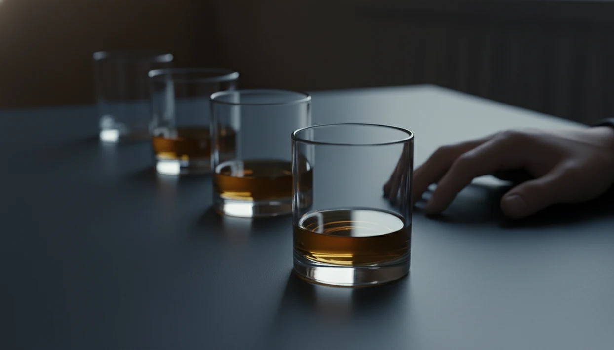 A small glass of alcohol with ghosted repeats behind it suggests tolerance building over time.
