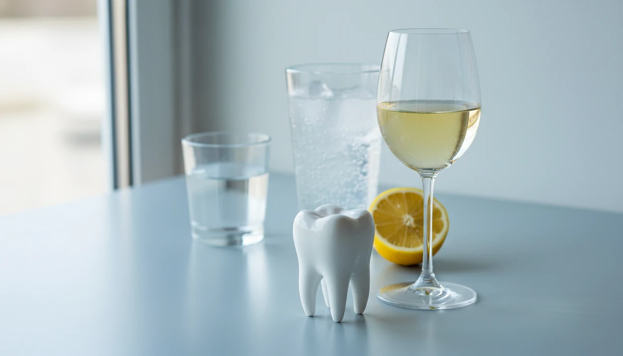 A white tooth model sits beside wine, sparkling drink, lemon, and water to suggest enamel acid exposure.