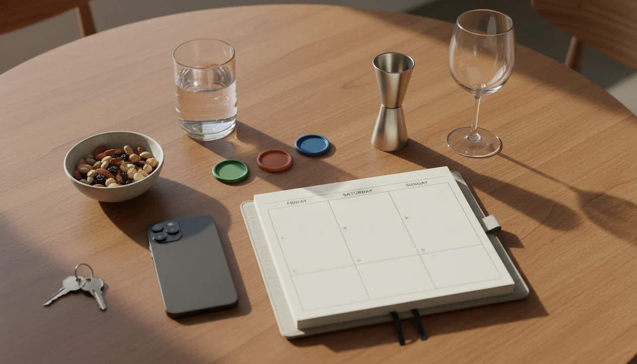 A calm tabletop setup with a phone, planner, drink tokens, water, and a wine glass for weekend drink planning.