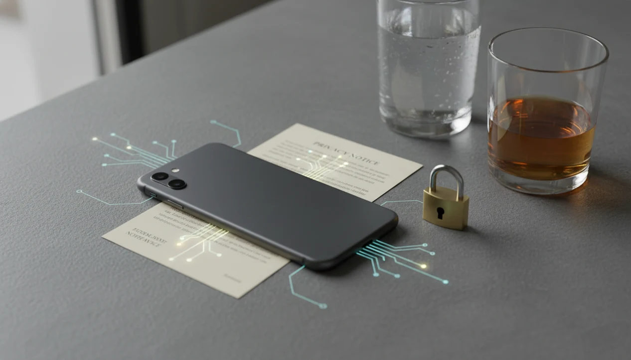 A phone, padlock, and drink glass on a table symbolize privacy risks in alcohol tracking apps.