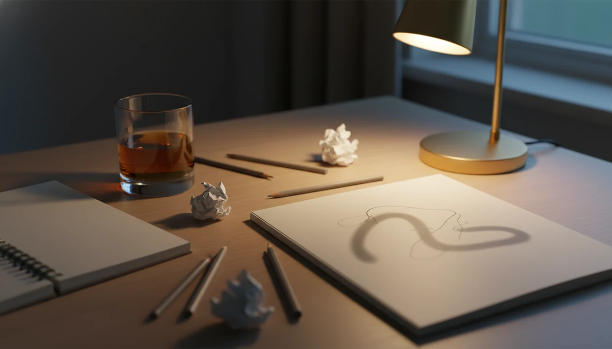 A drink casts a distorted shadow across a blank sketchbook on a late-night creative desk.