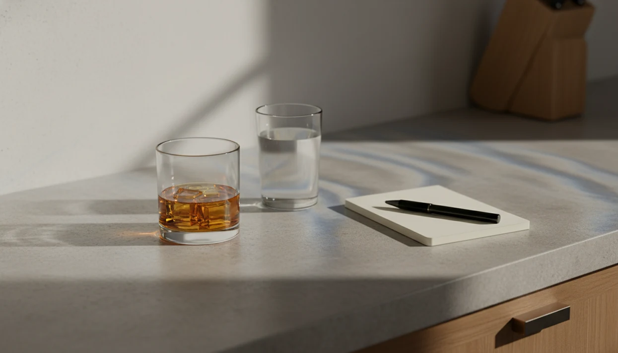 An untouched drink, water glass, and blank notebook sit in calm wave-like light on a kitchen counter.