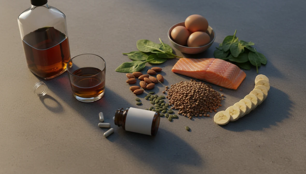A glass of alcohol casts a shadow beside nutrient-rich foods and unmarked supplements on a kitchen counter.