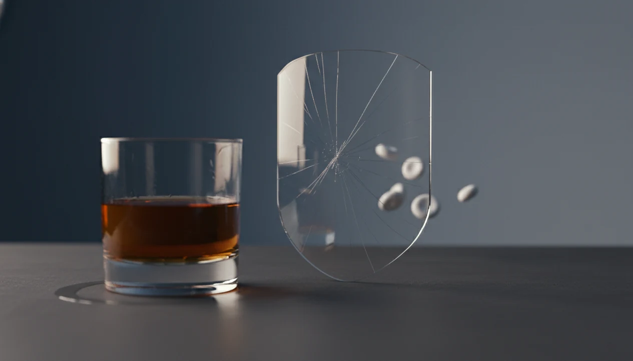 A glass of alcohol casts amber light toward a cracked translucent shield symbolizing weakened immunity.