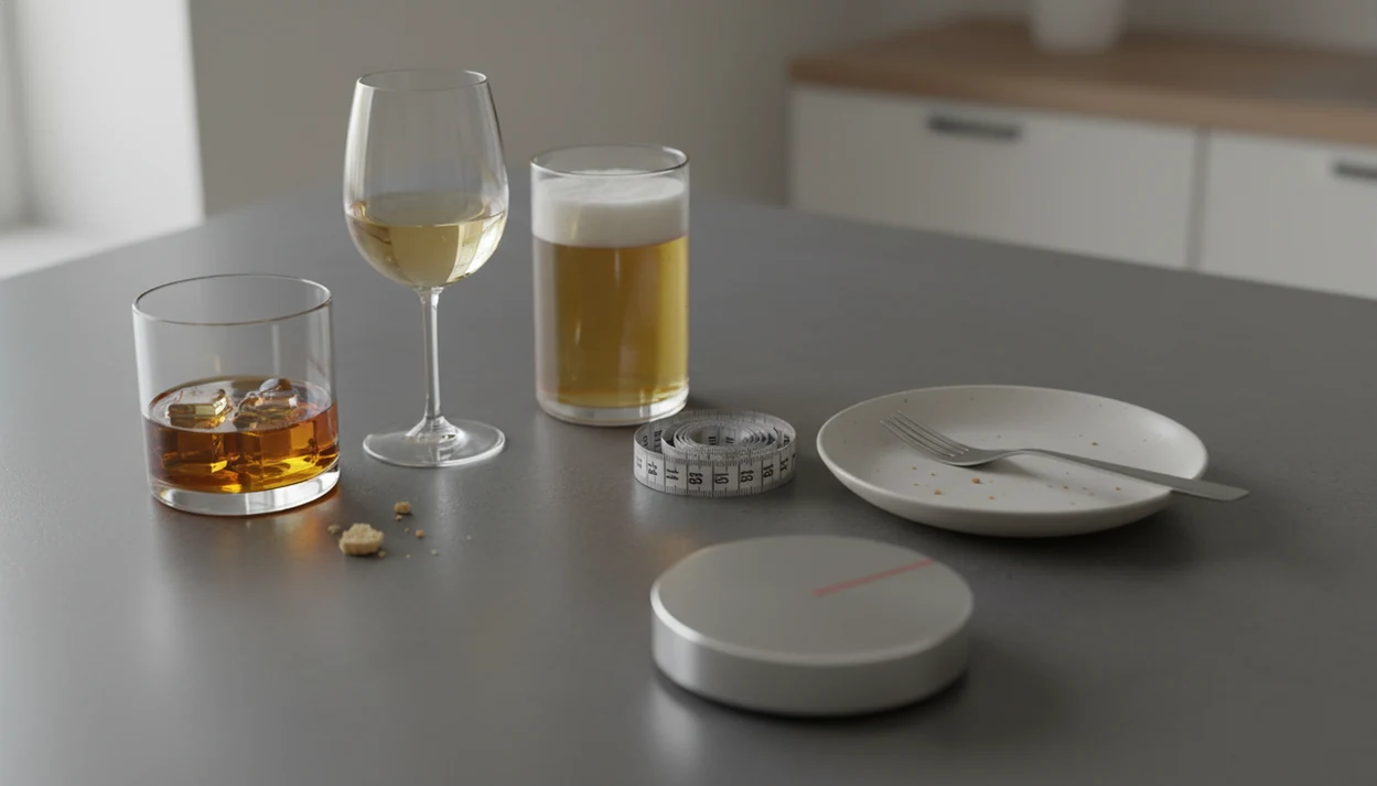 Alcohol drinks sit beside a measuring tape, empty plate, and timer on a calm kitchen counter.
