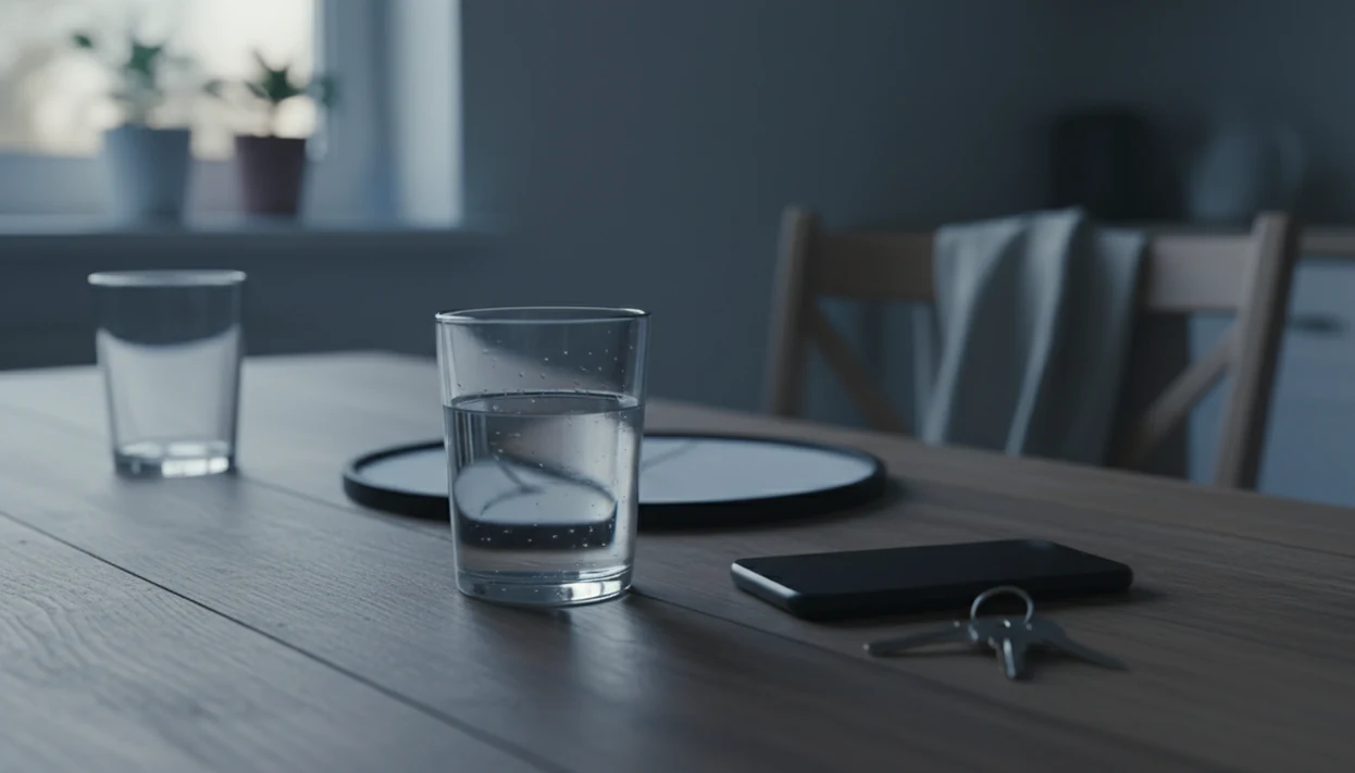 A quiet kitchen table with water, a phone, keys, and a clock suggesting urgent withdrawal warning signs.