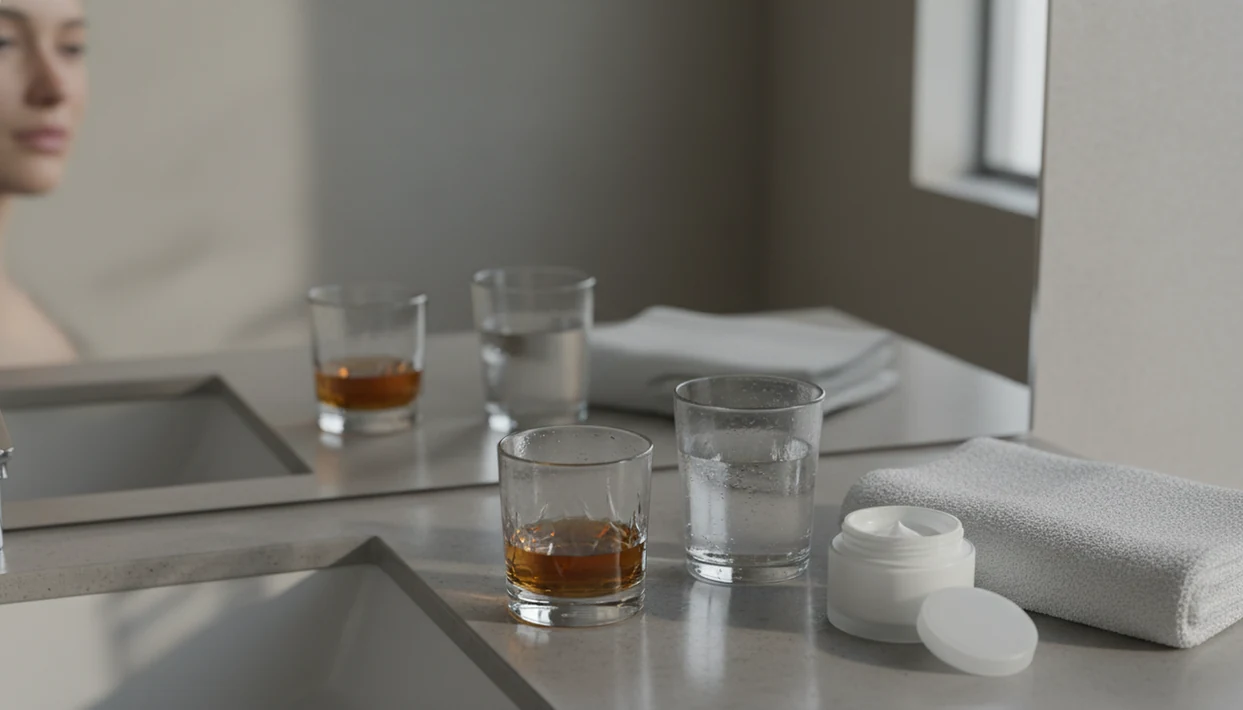 A bathroom still life with alcohol, water, moisturizer, and a blurred face reflected in the mirror.