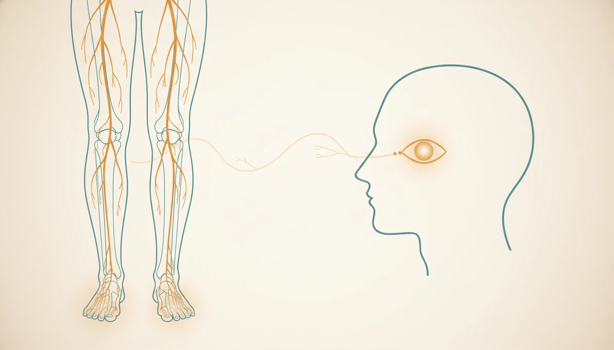 Illustration of leg nerves and the optic nerve highlighted to show alcohol-related nerve and vision changes.