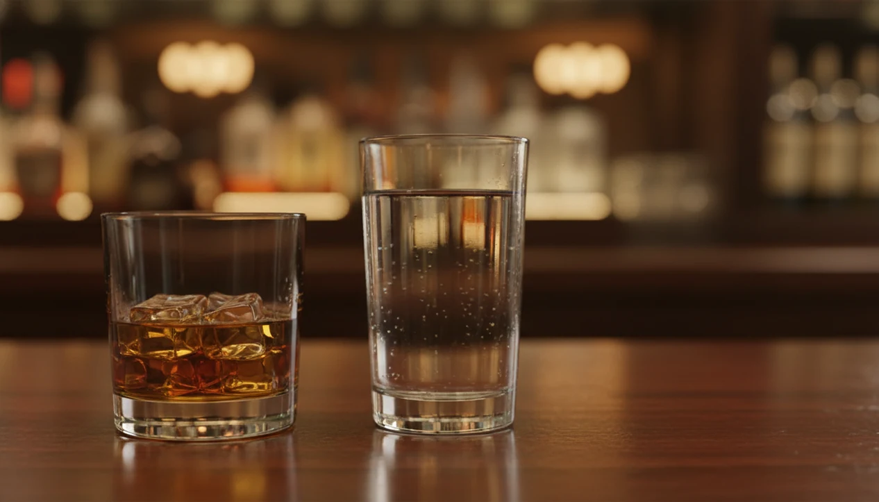 A glass of alcohol sits beside a full water glass on a softly lit bar counter.