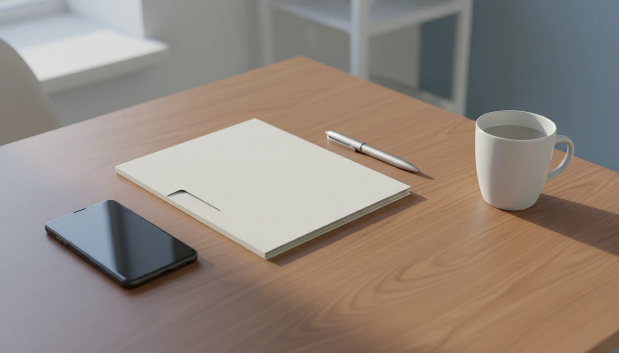 A blank smartphone sits apart from a medical folder and cup of water on a calm wooden table.