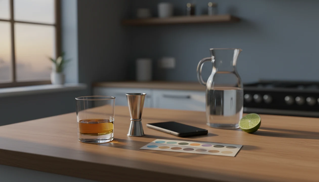A measured drink, jigger, water, and face-down phone on a calm kitchen counter at evening.