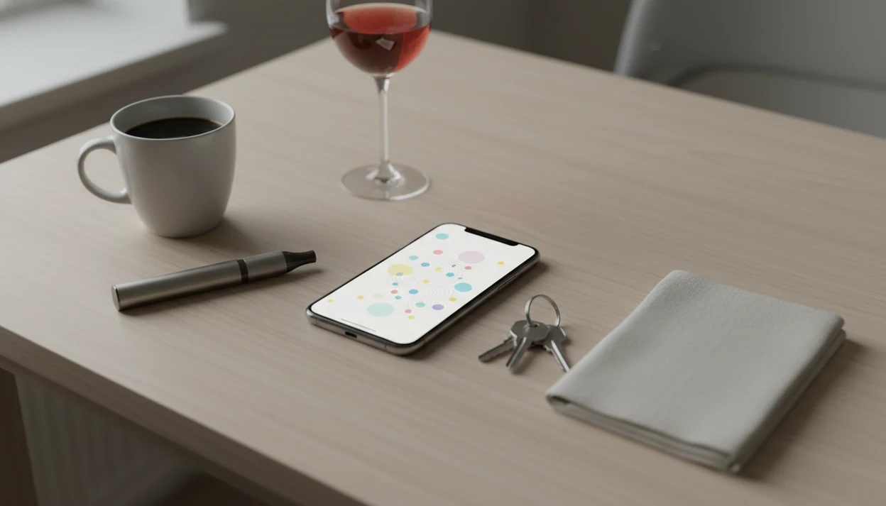 A phone surrounded by coffee, keys, a vape, and a wine glass suggests tracking daily craving triggers.