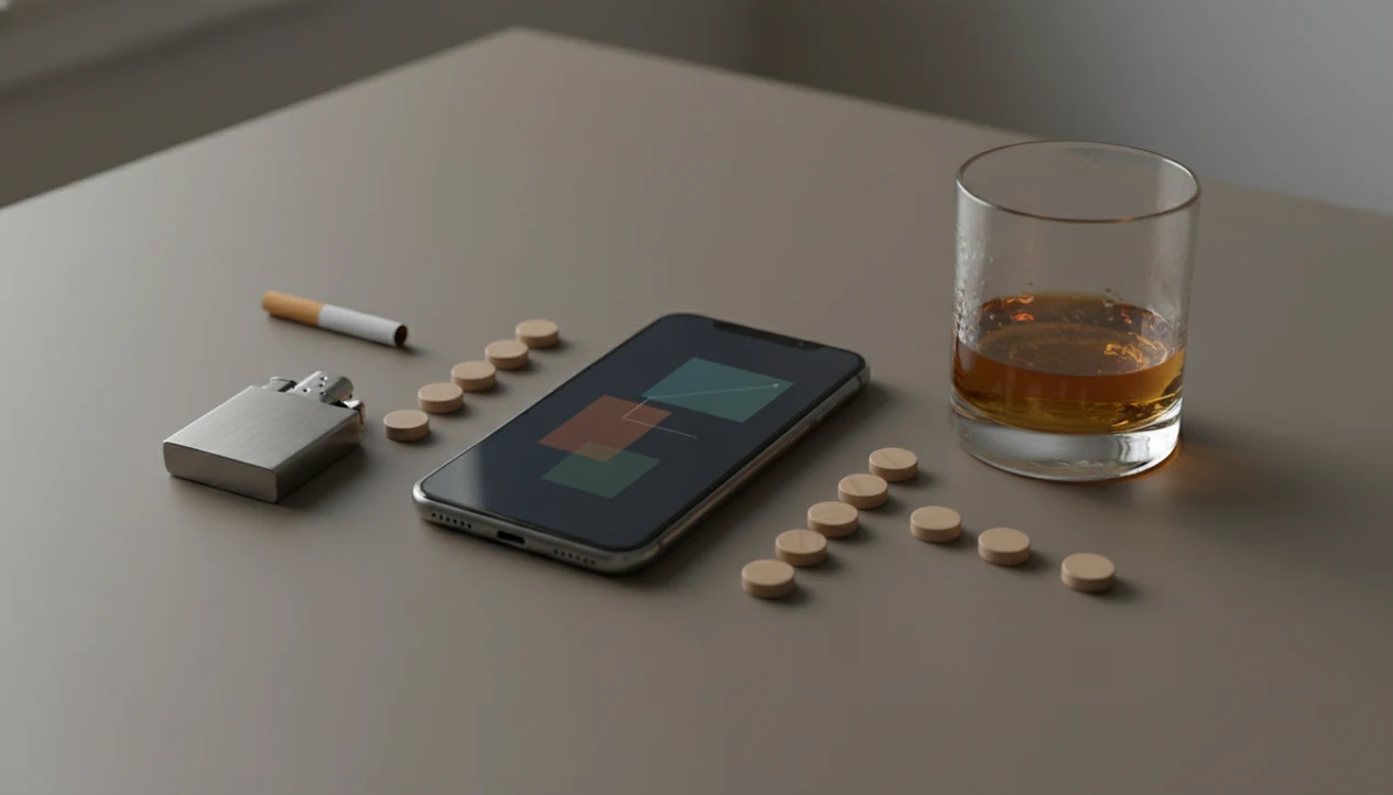 A phone sits between an unlit cigarette and a drink, suggesting private tracking of both habits.