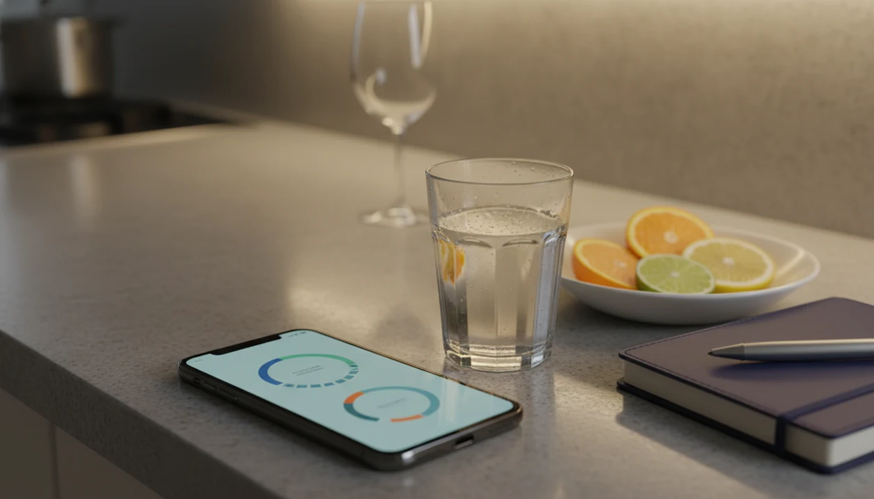 A phone with abstract progress rings sits beside water and citrus in a quiet kitchen.